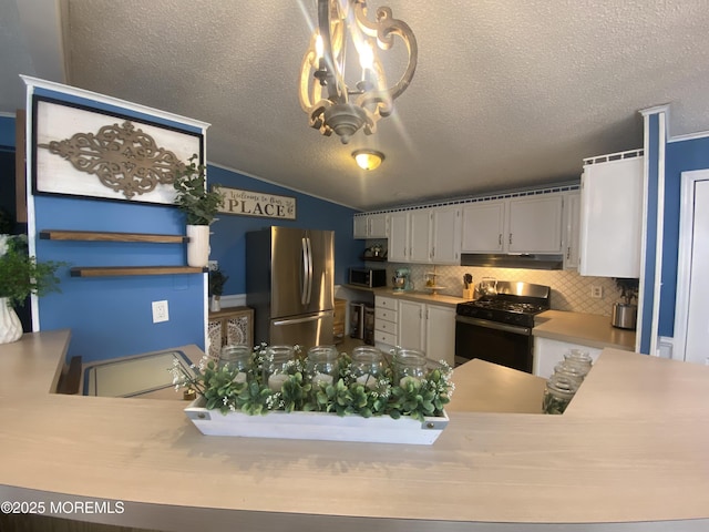 89 Seattle Slew Dr, Howell, NJ 07731 - kitchen featuring appliances with stainless steel finishes, under cabinet range hood, a chandelier, lofted ceiling, and a textured ceiling