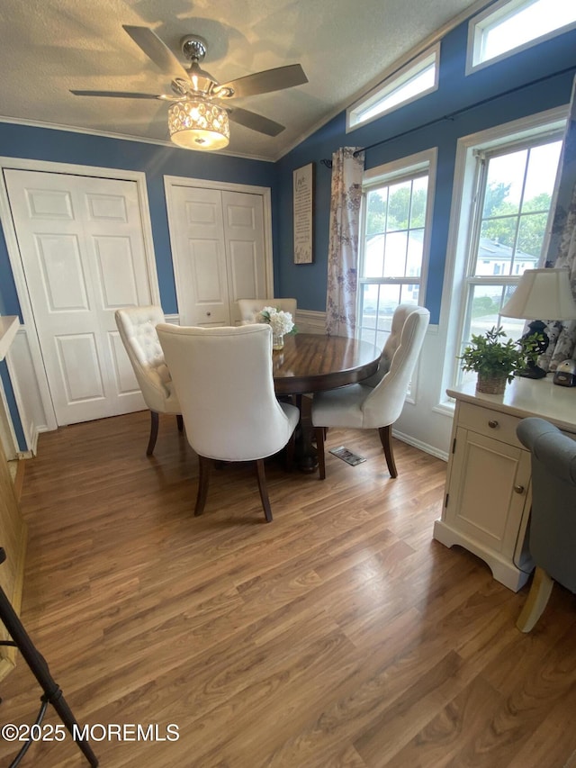 89 Seattle Slew Dr, Howell, NJ 07731 - dining area with a ceiling fan, light wood-style flooring, lofted ceiling, and a textured ceiling