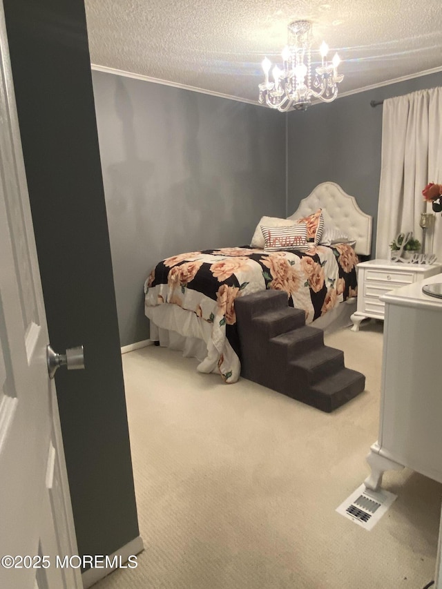 89 Seattle Slew Dr, Howell, NJ 07731 - bedroom with carpet floors, ornamental molding, a textured ceiling, and a chandelier