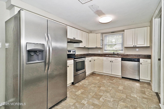 122 Oakwood Pl, Forked River, NJ 08731 - kitchen featuring appliances with stainless steel finishes, under cabinet range hood, dark countertops, and a sink