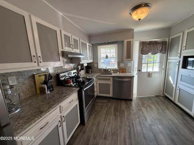 1134A Argyll Cir, Lakewood, NJ 08701 - kitchen with appliances with stainless steel finishes, a sink, under cabinet range hood, light stone counters, and decorative backsplash