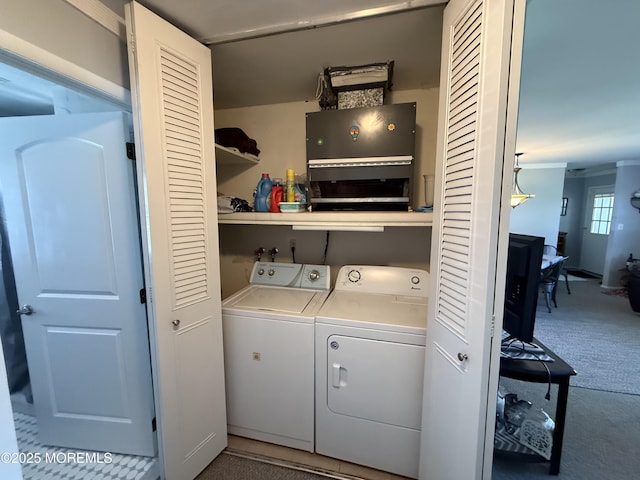 1134A Argyll Cir, Lakewood, NJ 08701 - washroom featuring washing machine and clothes dryer, carpet flooring, and ornamental molding