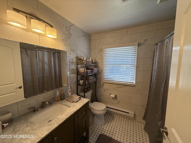 1134A Argyll Cir, Lakewood, NJ 08701 - bathroom with a baseboard radiator, vanity, toilet, and a shower with shower curtain