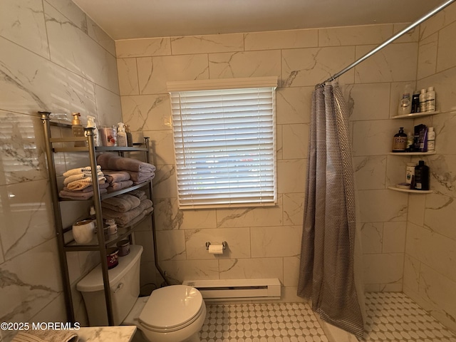 1134A Argyll Cir, Lakewood, NJ 08701 - bathroom featuring a baseboard radiator, a stall shower, toilet, and tile patterned floors