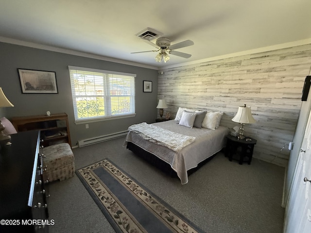1134A Argyll Cir, Lakewood, NJ 08701 - carpeted bedroom with a baseboard radiator, wooden walls, crown molding, and ceiling fan