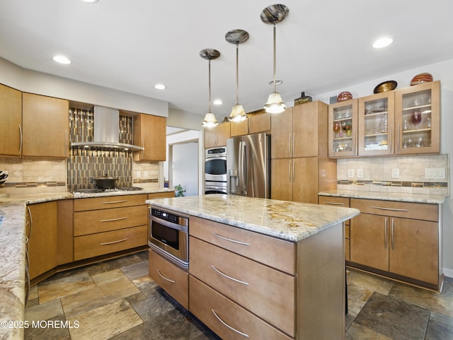 50 Locust Ct, Freehold, NJ 07728 - kitchen featuring appliances with stainless steel finishes, wall chimney range hood, stone tile floors, decorative backsplash, and recessed lighting