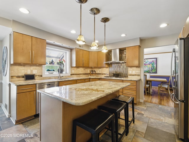 50 Locust Ct, Freehold, NJ 07728 - kitchen featuring wall chimney exhaust hood, a sink, stainless steel appliances, stone tile flooring, and a kitchen island