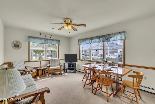 37 N 4th St, Surf City, NJ 08008 - dining space featuring a ceiling fan, carpet flooring, and a baseboard radiator
