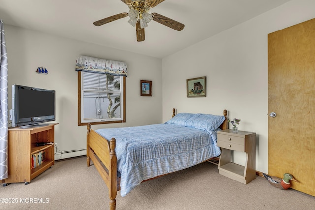37 N 4th St, Surf City, NJ 08008 - bedroom with light colored carpet, a baseboard radiator, a ceiling fan, and baseboards