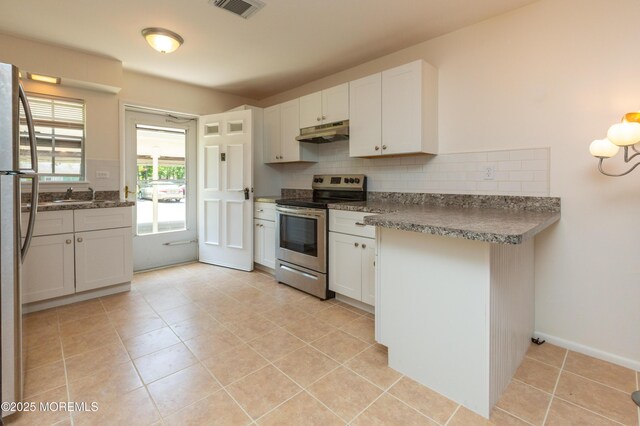 65C Dorchester Dr, Lakewood, NJ 08701 - kitchen featuring appliances with stainless steel finishes, under cabinet range hood, decorative backsplash, light tile patterned floors, and white cabinetry