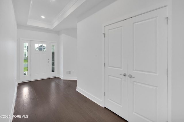 69 Starlight Dr, Monroe, NJ 08831 - entryway featuring dark wood-type flooring, baseboards, a raised ceiling, ornamental molding, and recessed lighting