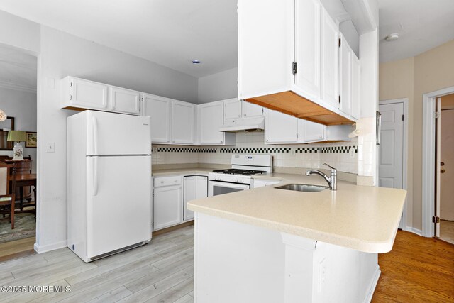 2060 Benjamin Cir, Wall, NJ 07719 - kitchen featuring white appliances, under cabinet range hood, a sink, a peninsula, and light wood-style floors