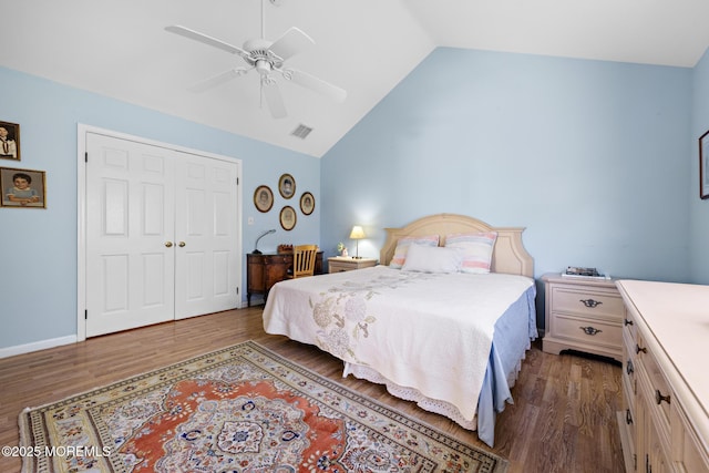 2060 Benjamin Cir, Wall, NJ 07719 - bedroom with lofted ceiling, dark wood-type flooring, a ceiling fan, and a closet