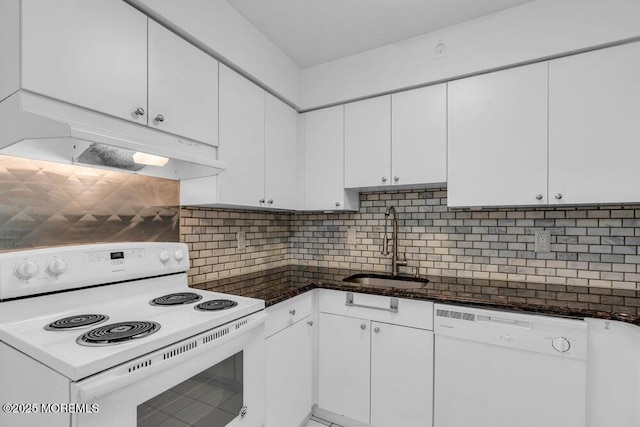 1320 State Route 71 Unit 202, Belmar, NJ 07719 - kitchen with white appliances, under cabinet range hood, a sink, white cabinets, and tasteful backsplash