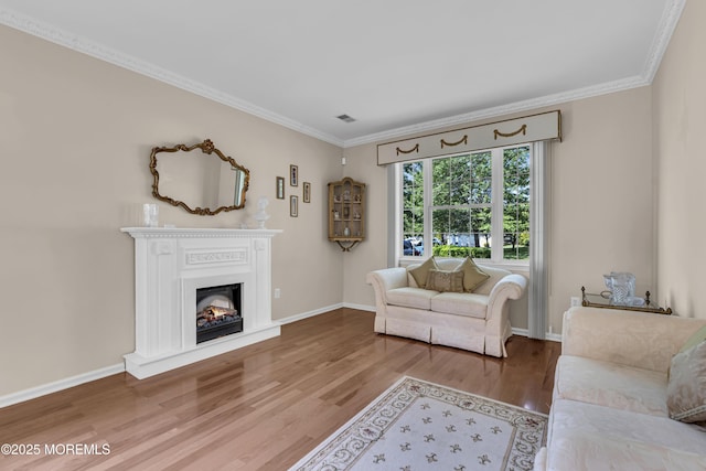 25 Bellflower Dr, Lakewood, NJ 08701 - living room with wood finished floors, a warm lit fireplace, ornamental molding, and baseboards