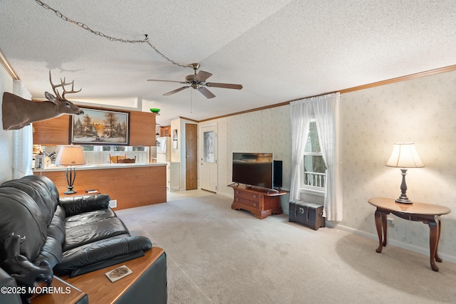 39 Marcia Memorial Cir, Jackson, NJ 08527 - living area with crown molding, a textured ceiling, ceiling fan, light carpet, and baseboards