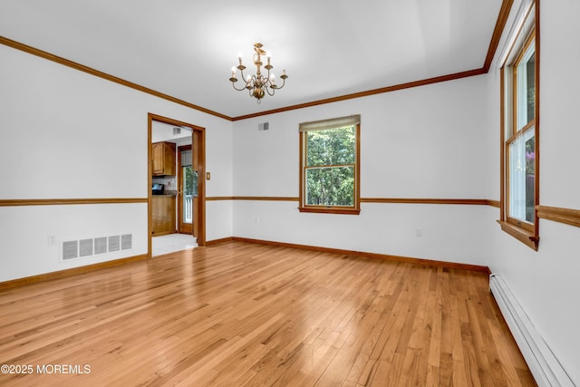 668 Hyson Rd, Jackson, NJ 08527 - empty room featuring baseboard heating, a chandelier, light wood-style flooring, baseboards, and crown molding