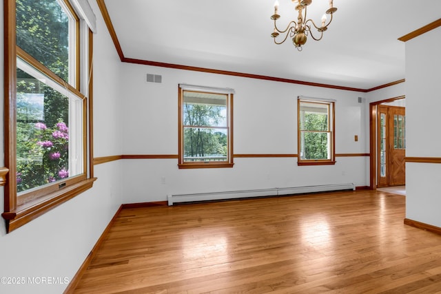 668 Hyson Rd, Jackson, NJ 08527 - empty room with a baseboard radiator, healthy amount of natural light, a chandelier, light wood finished floors, and crown molding