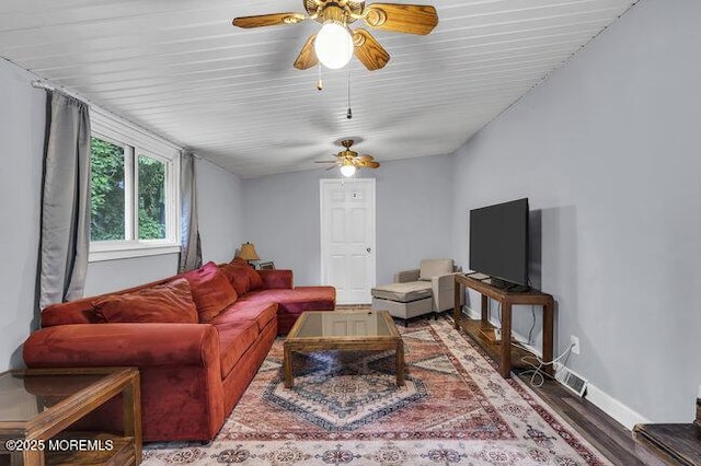 24 Delaware Trl, Browns Mills, NJ 08015 - living room featuring a ceiling fan, wood finished floors, and baseboards