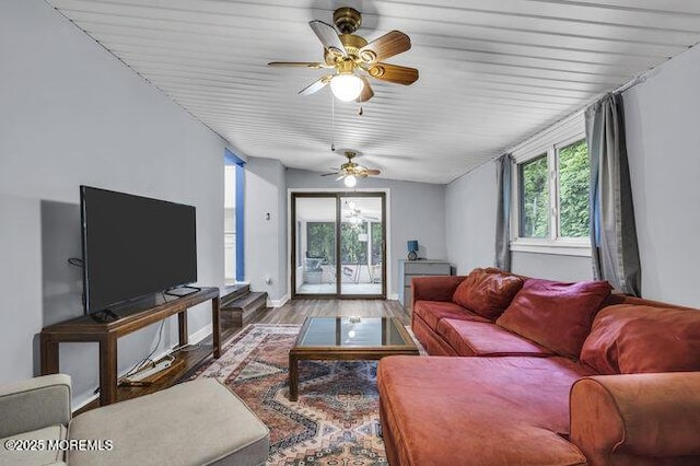 24 Delaware Trl, Browns Mills, NJ 08015 - living area with wood finished floors, a ceiling fan, and baseboards