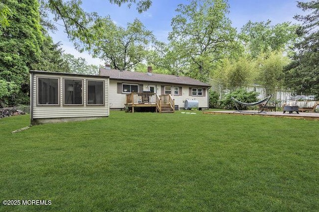 24 Delaware Trl, Browns Mills, NJ 08015 - rear view of property featuring a wooden deck, a lawn, and a chimney