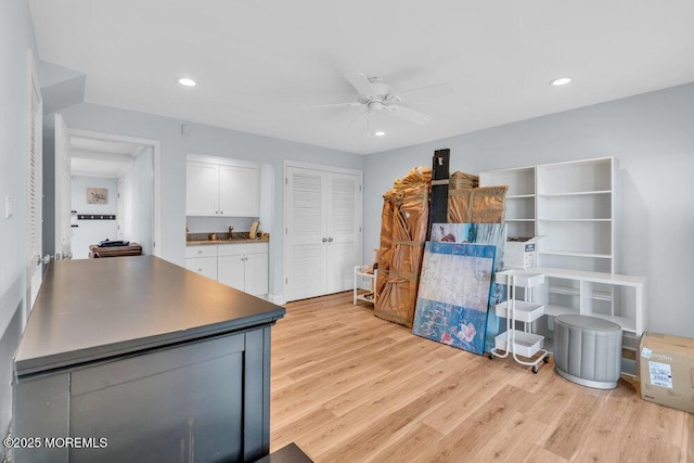 332 Seaview Cir, Neptune Township, NJ 07753 - kitchen with a ceiling fan, white cabinetry, light wood finished floors, and recessed lighting
