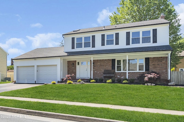 18 Heritage Dr, Edison, NJ 08820 - view of front of property featuring a garage, concrete driveway, brick siding, and a chimney