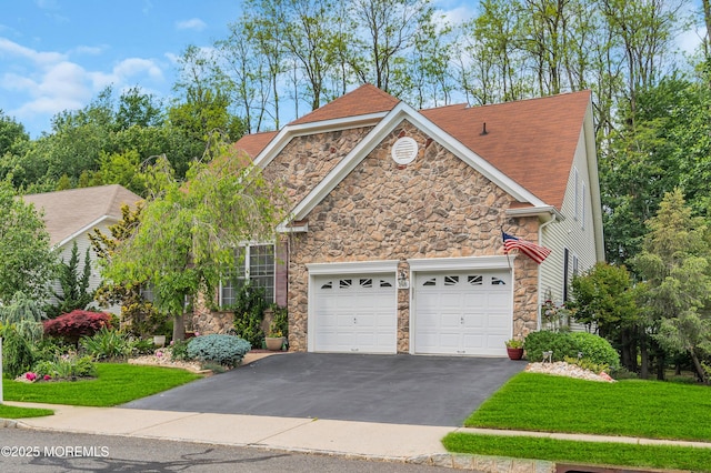 208 Bradwick Way, Marlboro, NJ 07746 - view of front facade featuring stone siding, driveway, a garage, a front yard, and roof with shingles