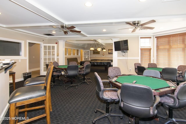 208 Bradwick Way, Marlboro, NJ 07746 - recreation room with ceiling fan, carpet, ornate columns, recessed lighting, and baseboards