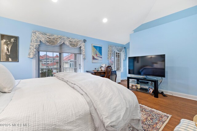 17 Riviera Dr, Long Branch, NJ 07740 - bedroom with wood finished floors, baseboards, access to outside, high vaulted ceiling, and recessed lighting