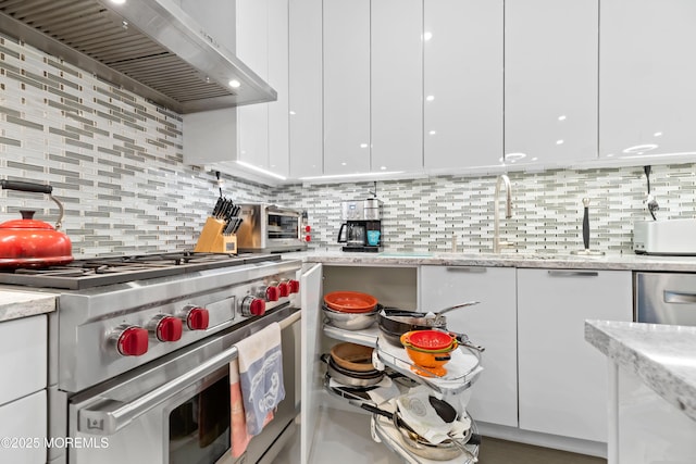 17 Riviera Dr, Long Branch, NJ 07740 - kitchen with designer range, wall chimney range hood, white cabinets, and modern cabinets
