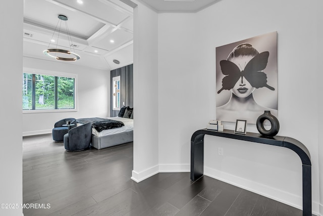 30 Winchester Ln, Holmdel, NJ 07733 - hall featuring coffered ceiling, dark wood finished floors, baseboards, beamed ceiling, and crown molding