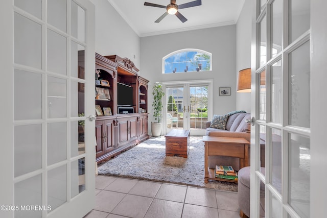 28 Pierhead Dr, Barnegat, NJ 08005 - tiled living room with french doors, ornamental molding, ceiling fan, and a high ceiling