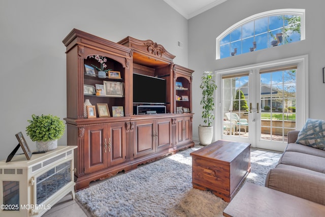 28 Pierhead Dr, Barnegat, NJ 08005 - living area featuring french doors, a high ceiling, and crown molding