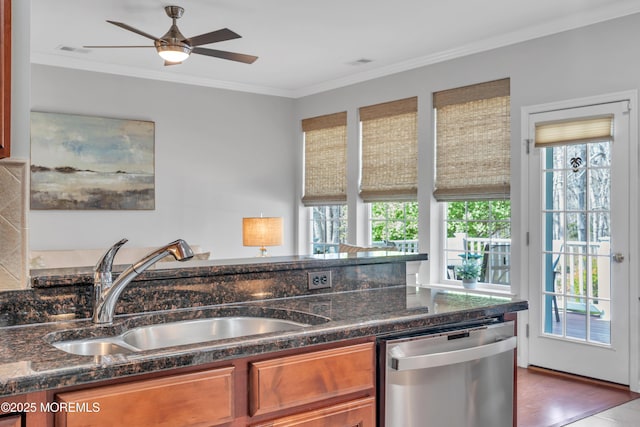 28 Pierhead Dr, Barnegat, NJ 08005 - kitchen featuring dishwasher, a sink, plenty of natural light, brown cabinets, and crown molding