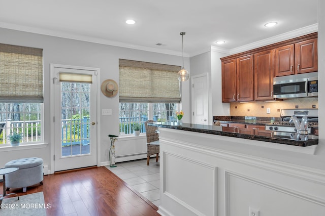 28 Pierhead Dr, Barnegat, NJ 08005 - kitchen featuring appliances with stainless steel finishes, a baseboard heating unit, ornamental molding, dark stone counters, and pendant lighting