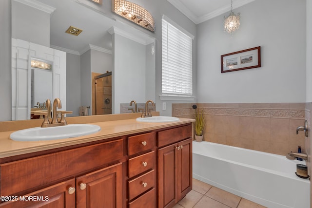 28 Pierhead Dr, Barnegat, NJ 08005 - full bathroom featuring a garden tub, tile patterned flooring, double vanity, a shower stall, and ornamental molding