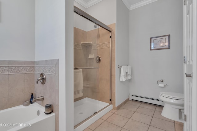 28 Pierhead Dr, Barnegat, NJ 08005 - bathroom with baseboard heating, ornamental molding, a garden tub, tile patterned floors, and toilet