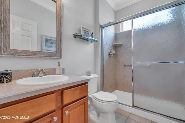 28 Pierhead Dr, Barnegat, NJ 08005 - full bath with ornamental molding, a shower stall, vanity, toilet, and tile patterned floors