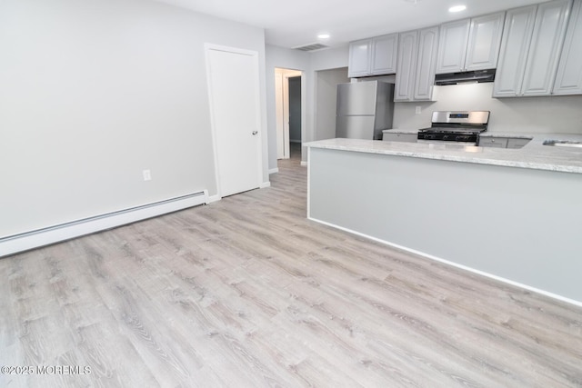 3 Fontana St, Toms River, NJ 08757 - kitchen featuring stainless steel appliances, under cabinet range hood, light wood-style floors, a peninsula, and a baseboard heating unit