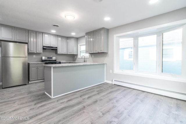 3 Fontana St, Toms River, NJ 08757 - kitchen featuring stainless steel appliances, gray cabinets, under cabinet range hood, baseboard heating, and light wood finished floors