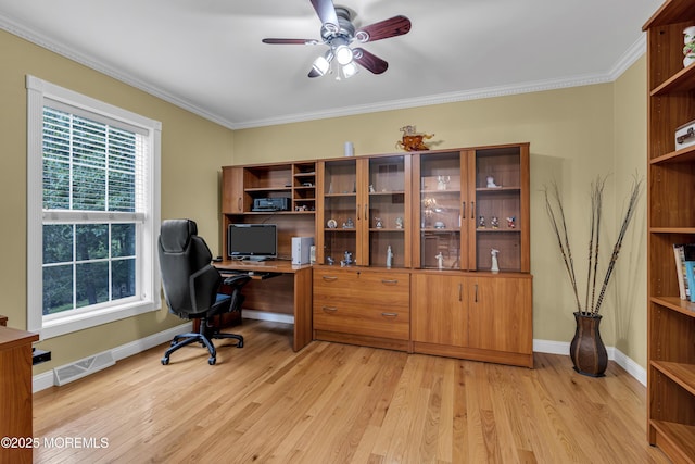 16 W Ave, Gladstone, NJ 07934 - home office featuring ceiling fan, light wood-type flooring, and crown molding
