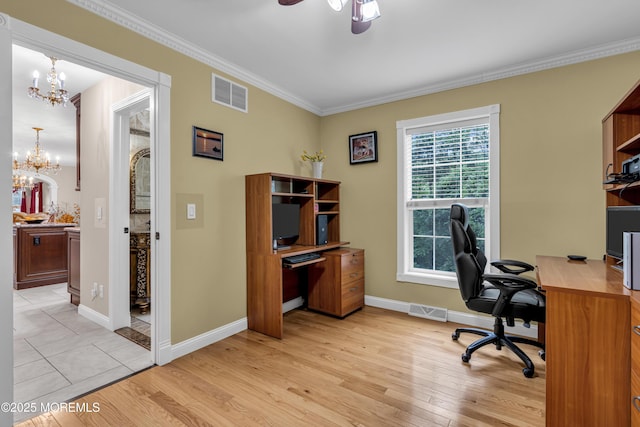16 W Ave, Gladstone, NJ 07934 - office area with a chandelier, ornamental molding, light wood-type flooring, and ceiling fan