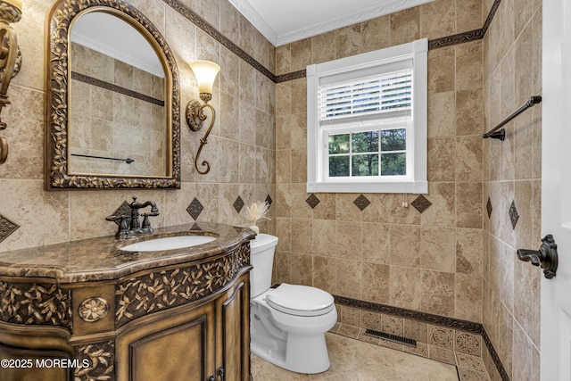 16 W Ave, Gladstone, NJ 07934 - bathroom featuring vanity, tile walls, and crown molding