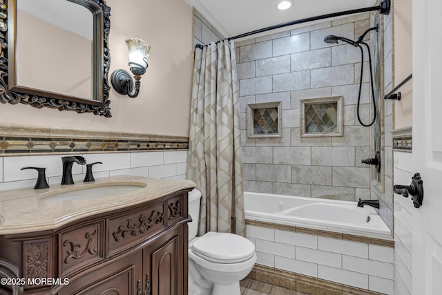 16 W Ave, Gladstone, NJ 07934 - full bath featuring tiled shower / bath combo, tile walls, vanity, and recessed lighting