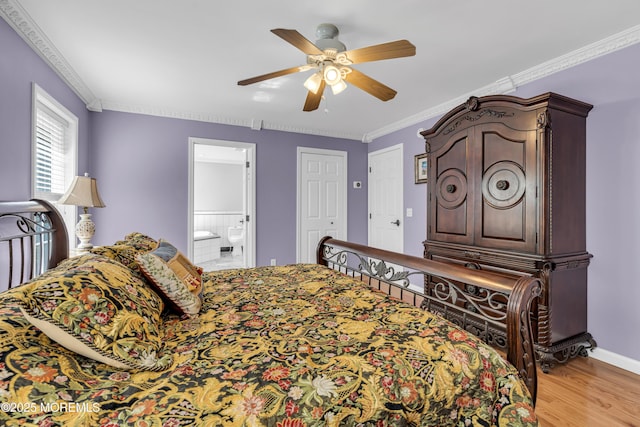 16 W Ave, Gladstone, NJ 07934 - bedroom featuring light wood-type flooring, ornamental molding, ensuite bath, and ceiling fan
