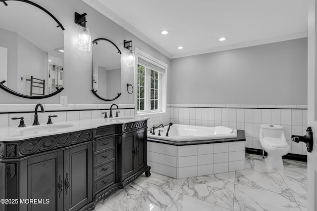 16 W Ave, Gladstone, NJ 07934 - full bathroom featuring crown molding, double vanity, a bath, wainscoting, and marble finish floors
