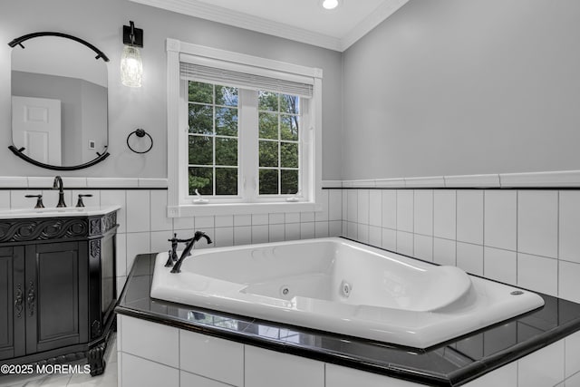 16 W Ave, Gladstone, NJ 07934 - full bath featuring vanity, a tub with jets, a wainscoted wall, and ornamental molding