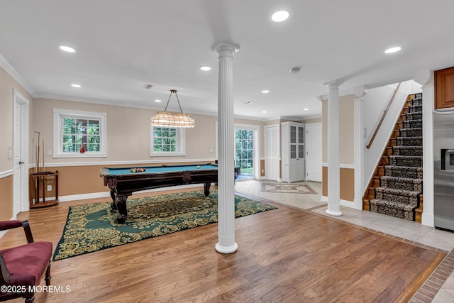 16 W Ave, Gladstone, NJ 07934 - playroom with ornate columns, crown molding, light wood-style floors, recessed lighting, and billiards