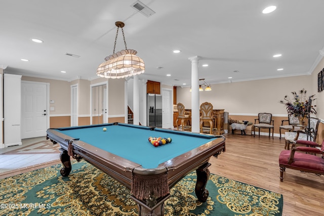 16 W Ave, Gladstone, NJ 07934 - game room featuring ornate columns, ornamental molding, billiards table, recessed lighting, and light wood-style floors